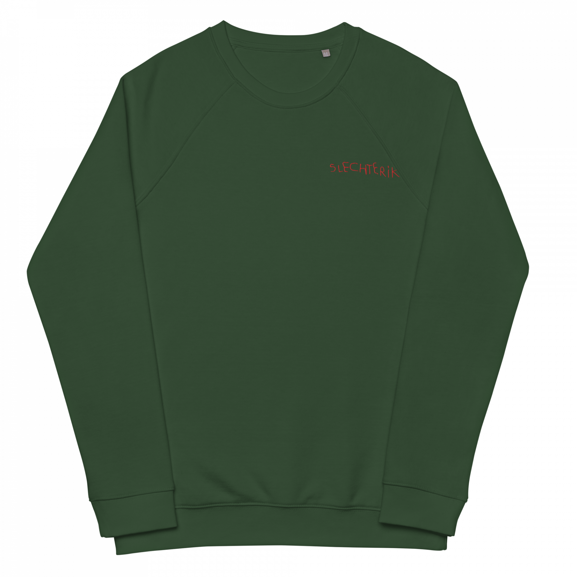 unisex-organic-raglan-sweatshirt-bottle-green-front-65aebe608ce11
